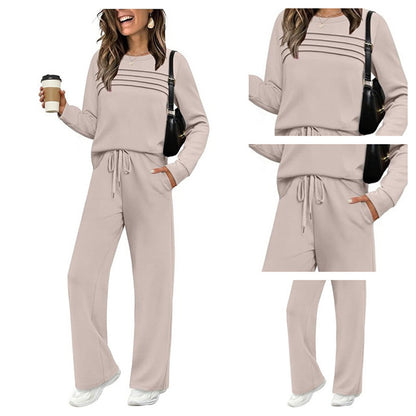 ⏳Begränsad tid 50 % rabatt⏰Damtröja med rund hals och byxor med dragsko👚👖