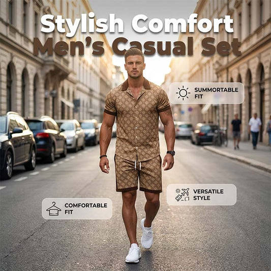☀️👕 Men's Printed 2-Piece Summer Set – Slim Fit Casual Top & Shorts Outfit