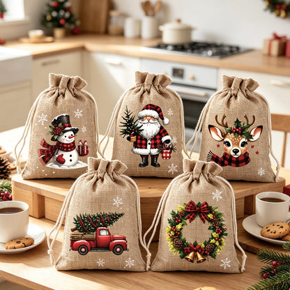 🎄 TIDSBEGRÄNSAT 50% RABATT! 🎁 Julklappspåsar med Dragsko – Festliga Tomte- & Renmotiv, Dubbel Dragsko & Hållbart Tyg – Julglädje i Varje Gåva ✨