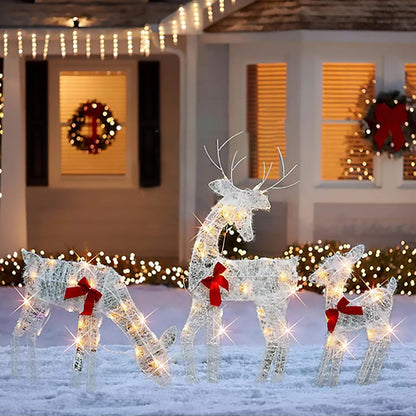 ✨LED-julrenset med rosett –🎁dekorativ renfamilj för inom- och utomhusbruk
